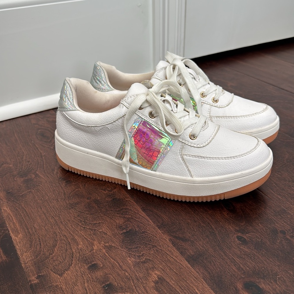 White Preppy Platform Sneakers Fashion Shoes On-trend White w/iridescent accents